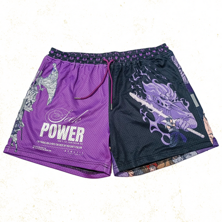 Deep purple and black shorts with ethereal, armored warrior imagery, symbolizing a formidable protector summoned by a skilled ninja.