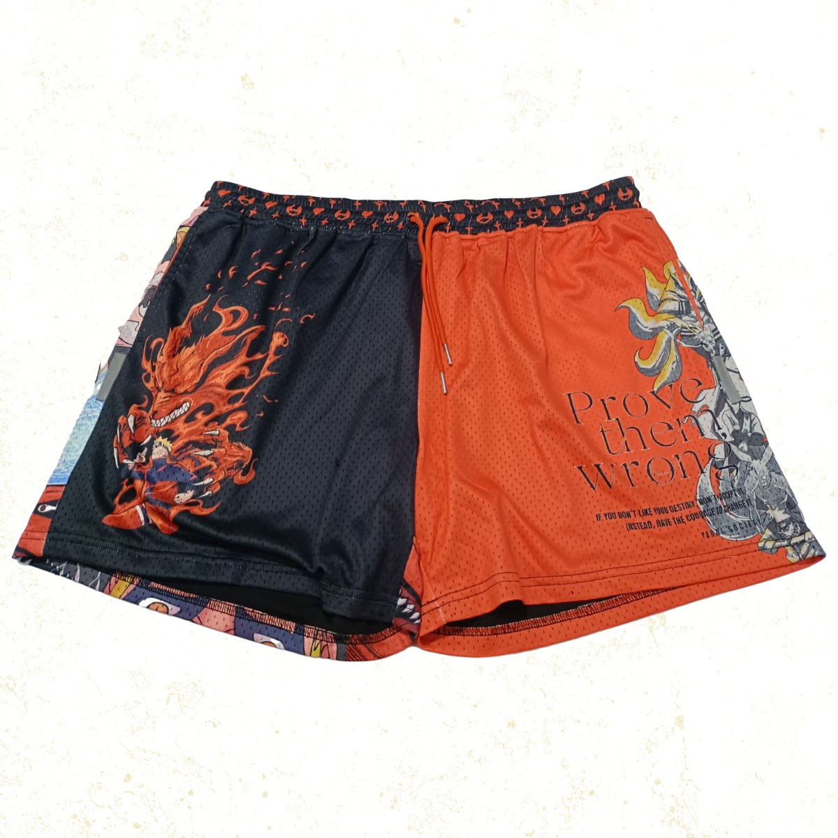 Striking orange and black shorts with swirling patterns and a fox-like silhouette, evoking themes of inner strength and the bond with a powerful beast.