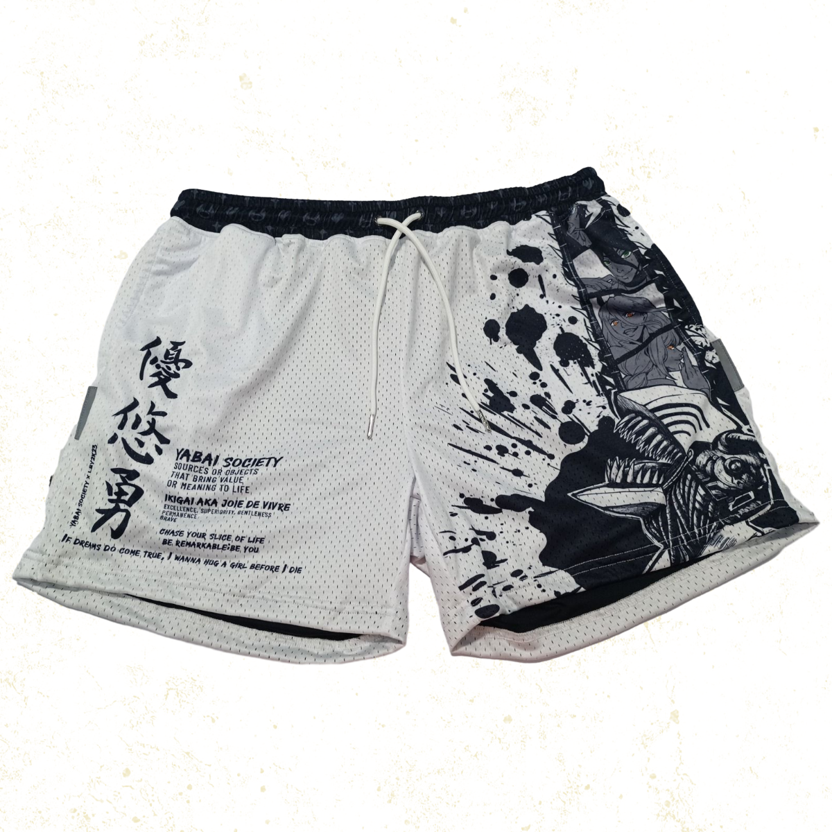 Sleek black and white shorts featuring dynamic line art of a chainsaw-wielding figure alongside companions, capturing the chaotic energy of devil hunters.