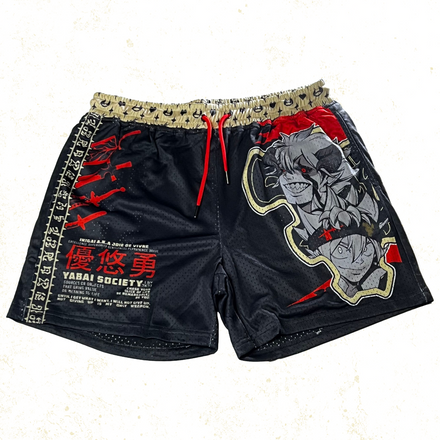 Black shorts featuring a bold black, red, and gold color palette inspired by themes of determination and rivalry. The design includes intricate, abstract patterns symbolizing swords, anti-magic energy, and a wing-like motif, reflecting the unstoppable spirit of a young warrior's journey to surpass limits. Perfect for fans of perseverance and grit.