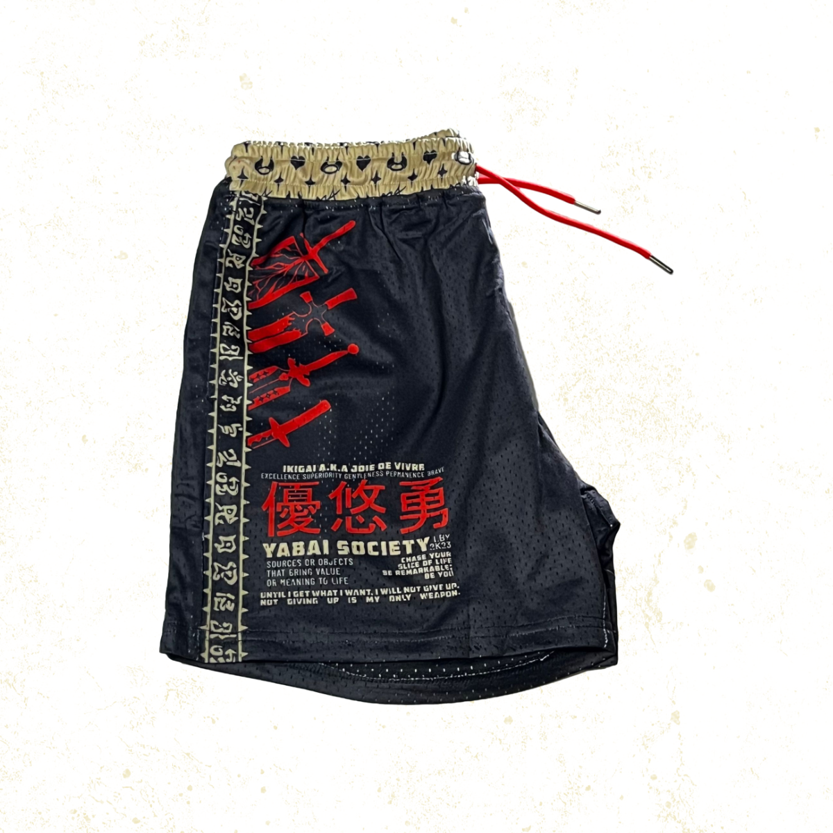 Black shorts featuring a bold black, red, and gold color palette inspired by themes of determination and rivalry. The design includes intricate, abstract patterns symbolizing swords, anti-magic energy, and a wing-like motif, reflecting the unstoppable spirit of a young warrior's journey to surpass limits. Perfect for fans of perseverance and grit.