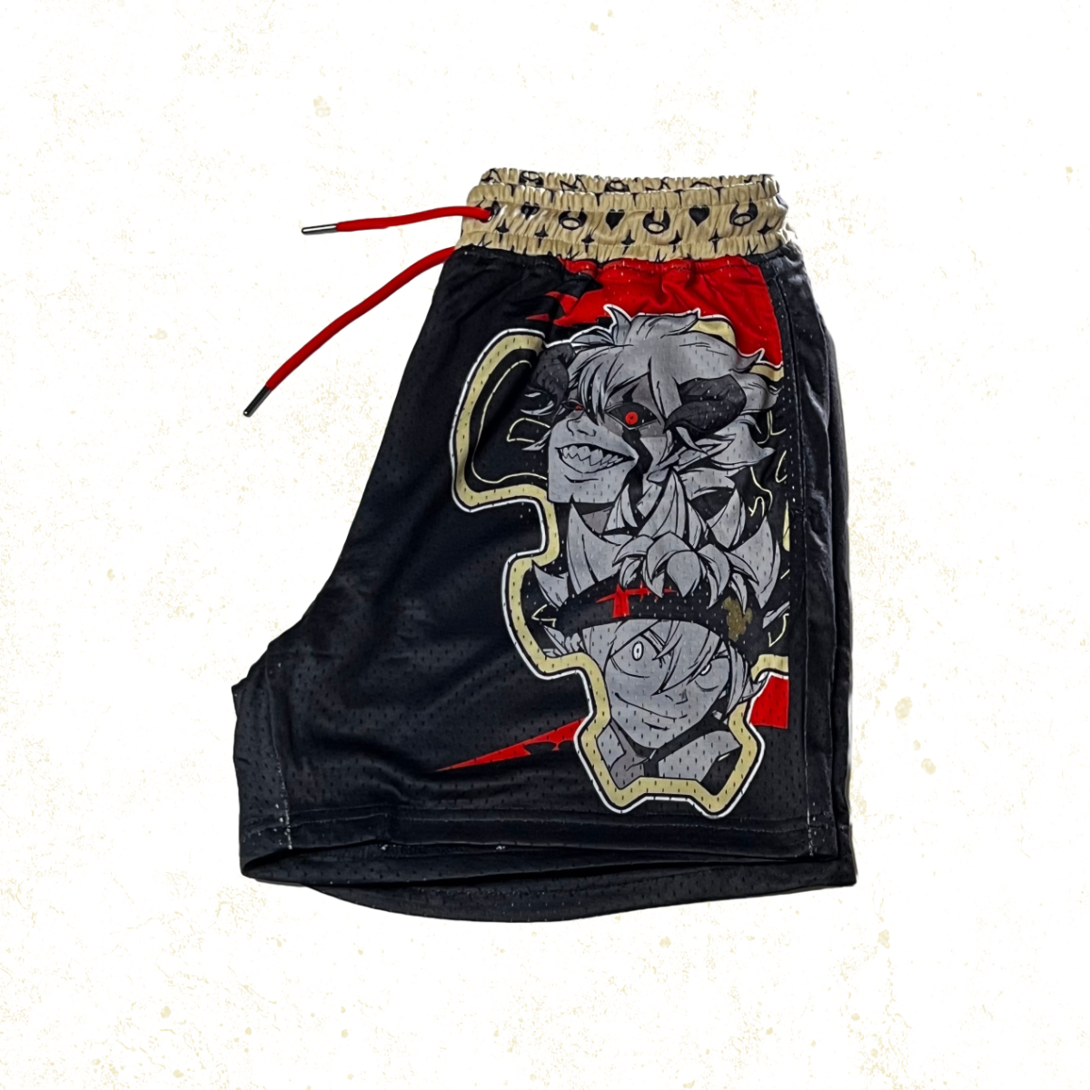 Black shorts featuring a bold black, red, and gold color palette inspired by themes of determination and rivalry. The design includes intricate, abstract patterns symbolizing swords, anti-magic energy, and a wing-like motif, reflecting the unstoppable spirit of a young warrior's journey to surpass limits. Perfect for fans of perseverance and grit.