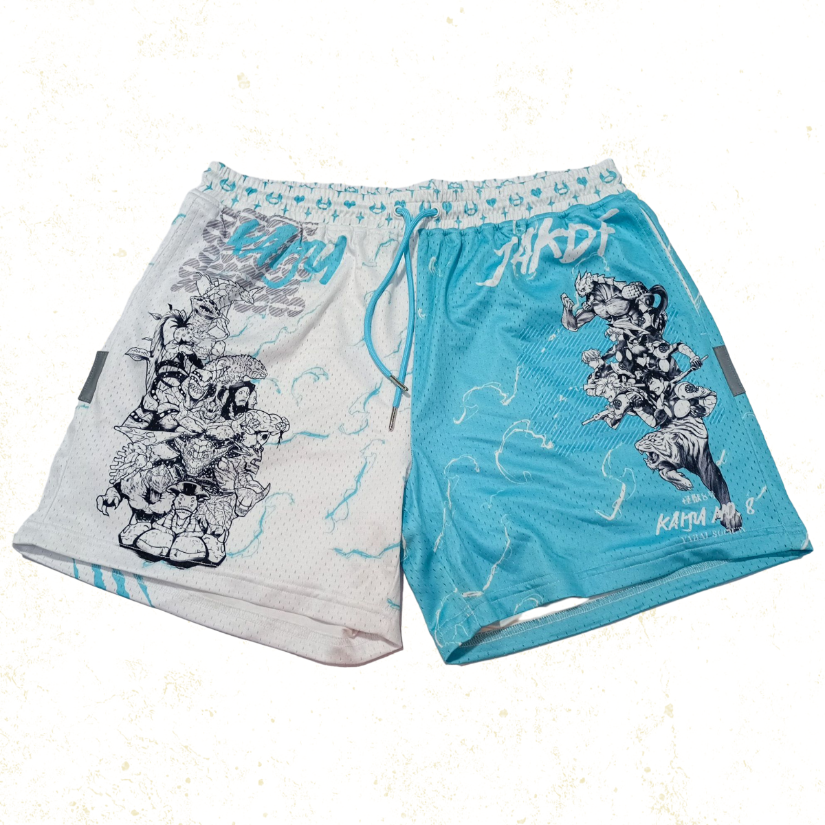 Bold shorts featuring sharp geometric designs inspired by defense force insignia and colossal creature motifs, symbolizing the battle between humanity and monsters.