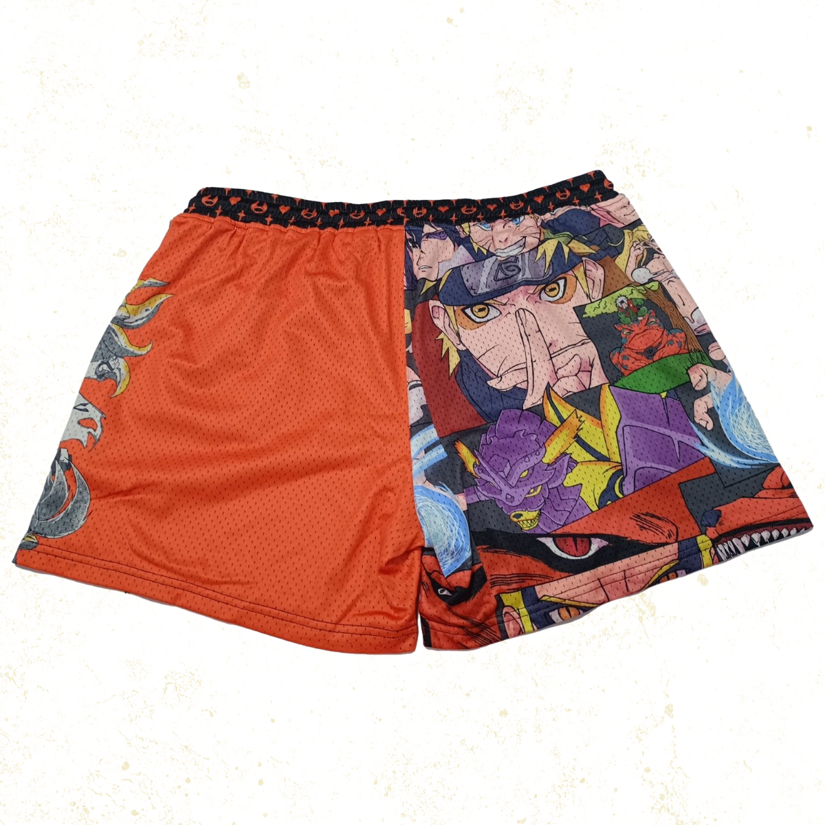 Striking orange and black shorts with swirling patterns and a fox-like silhouette, evoking themes of inner strength and the bond with a powerful beast.