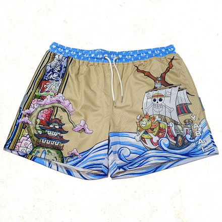 Vibrant shorts featuring a stylized pirate ship with a lion figurehead and a mystical, swirling fruit motif, capturing the adventurous spirit of high-seas exploration.