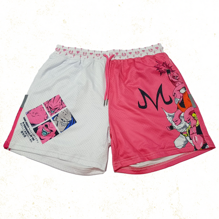 Light pink and white shorts with soft, bubble-like patterns and a playful, genie-like figure, exuding an air of mischievousness and transformation.