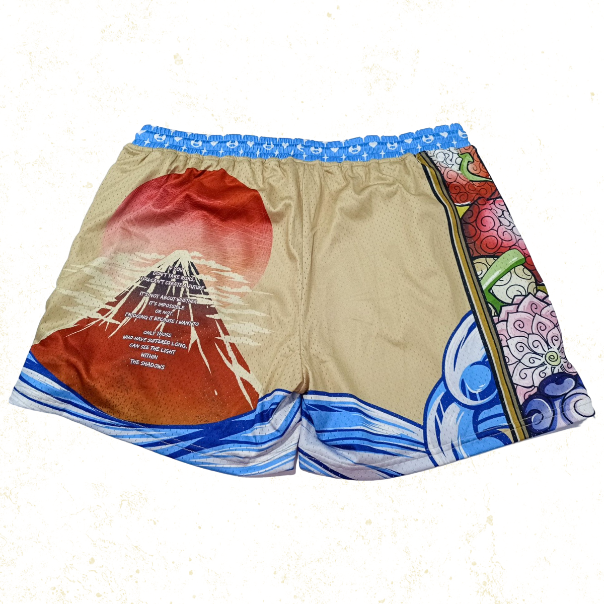 Vibrant shorts featuring a stylized pirate ship with a lion figurehead and a mystical, swirling fruit motif, capturing the adventurous spirit of high-seas exploration.