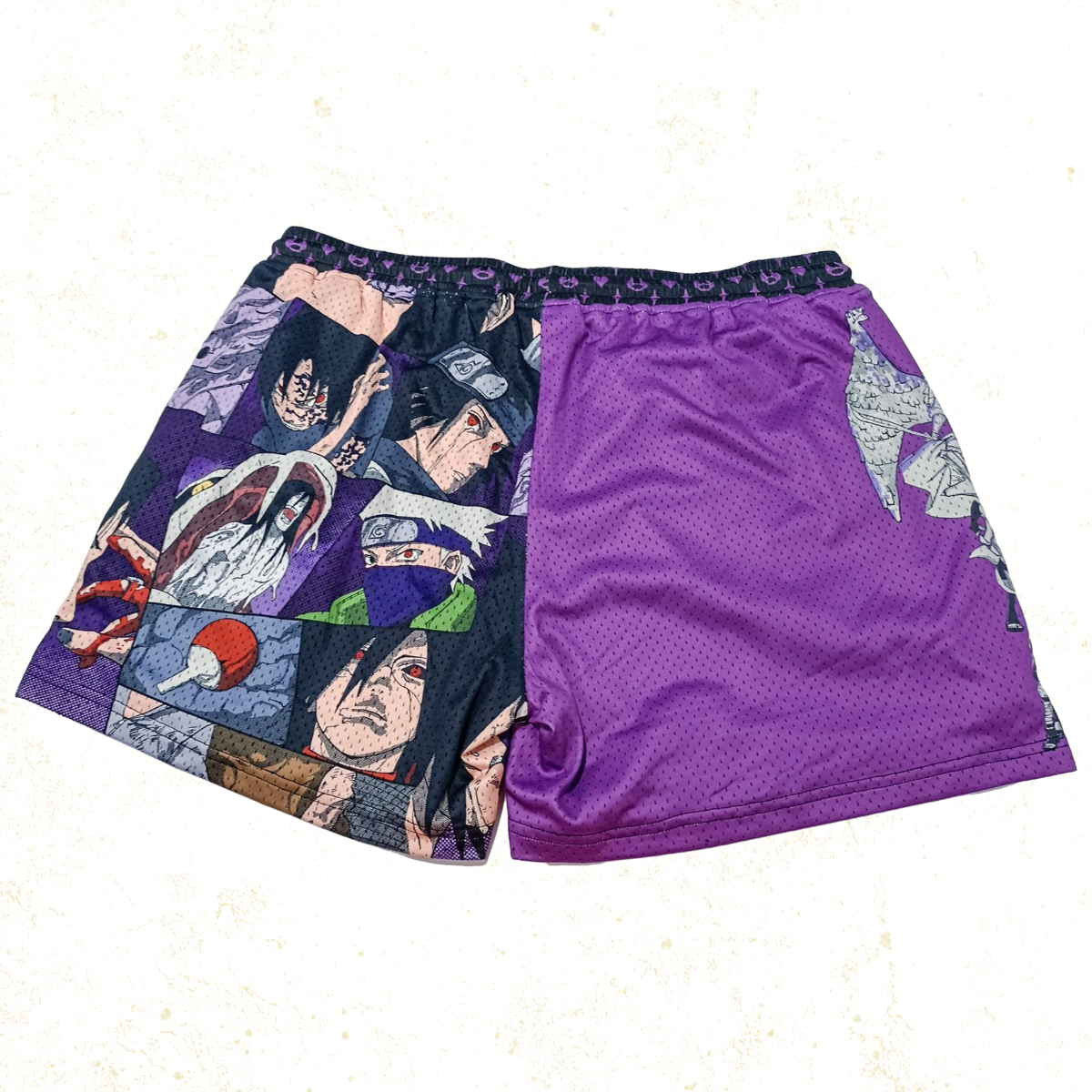 Deep purple and black shorts with ethereal, armored warrior imagery, symbolizing a formidable protector summoned by a skilled ninja.