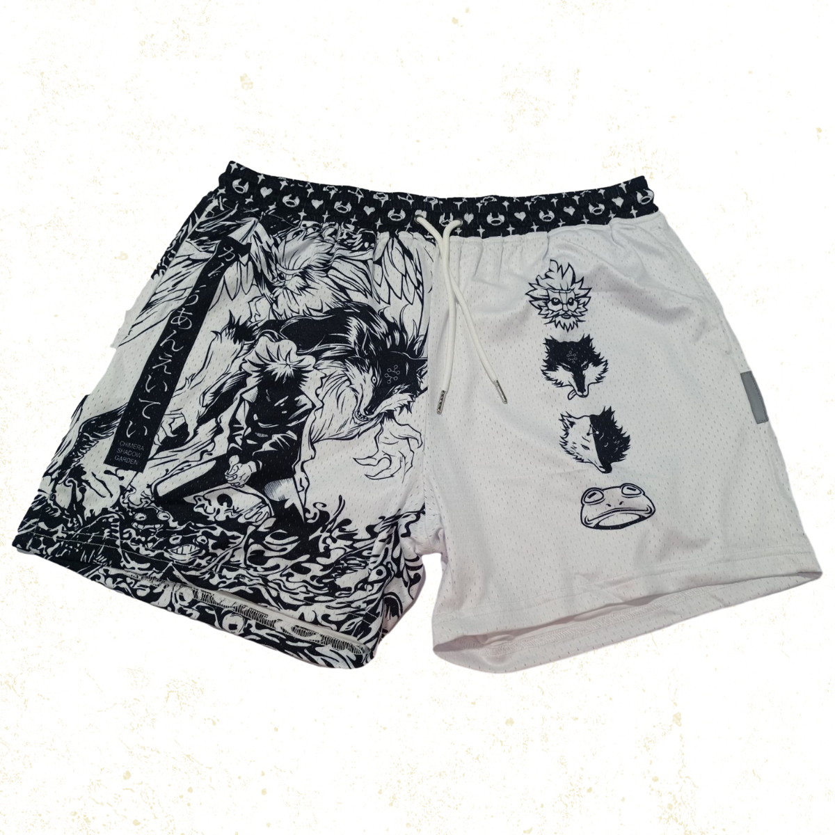 Monochrome shorts showcasing an intricate design of ten shadowy shikigami silhouettes, reflecting a sorcerer's mastery over summoned creatures.