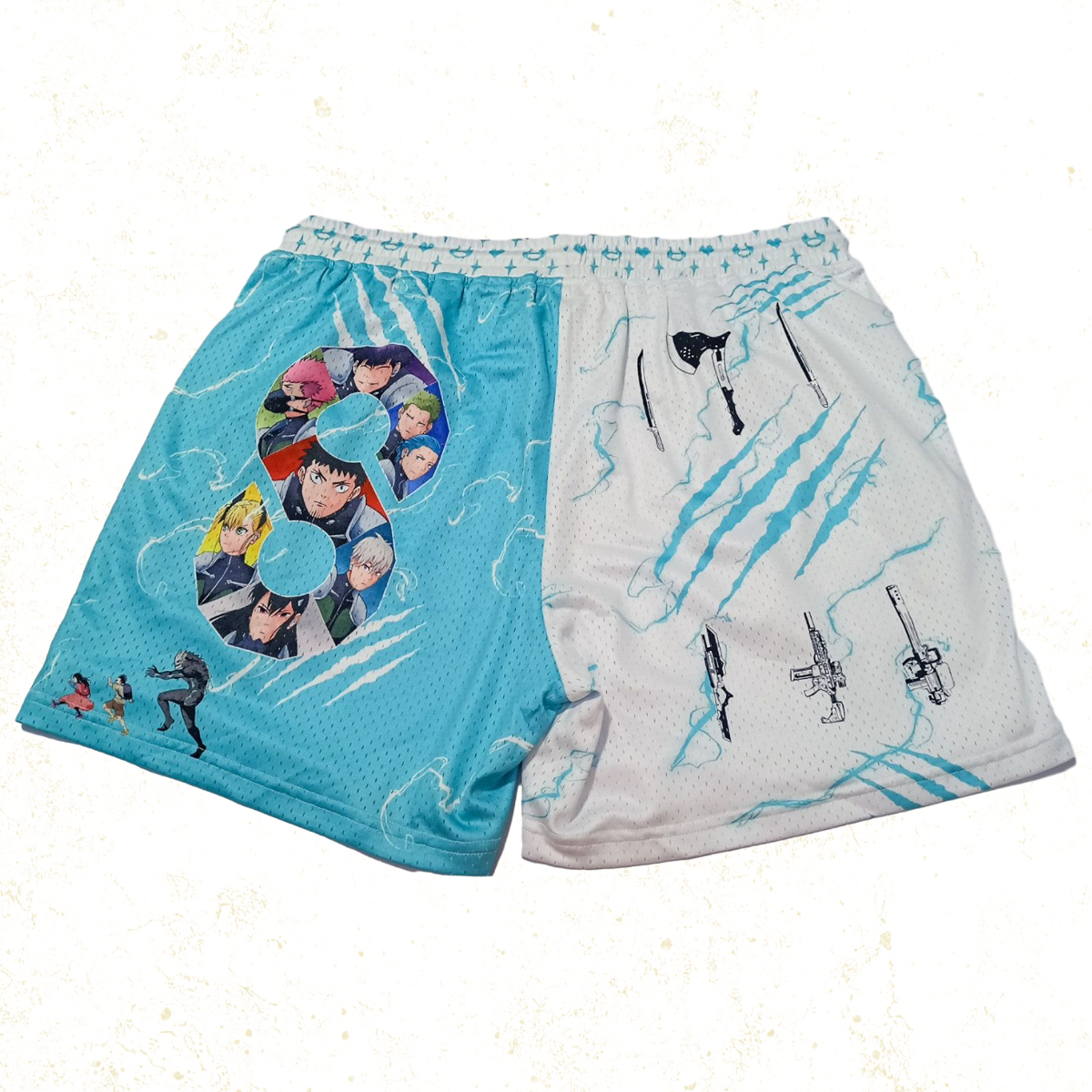 Bold shorts featuring sharp geometric designs inspired by defense force insignia and colossal creature motifs, symbolizing the battle between humanity and monsters.